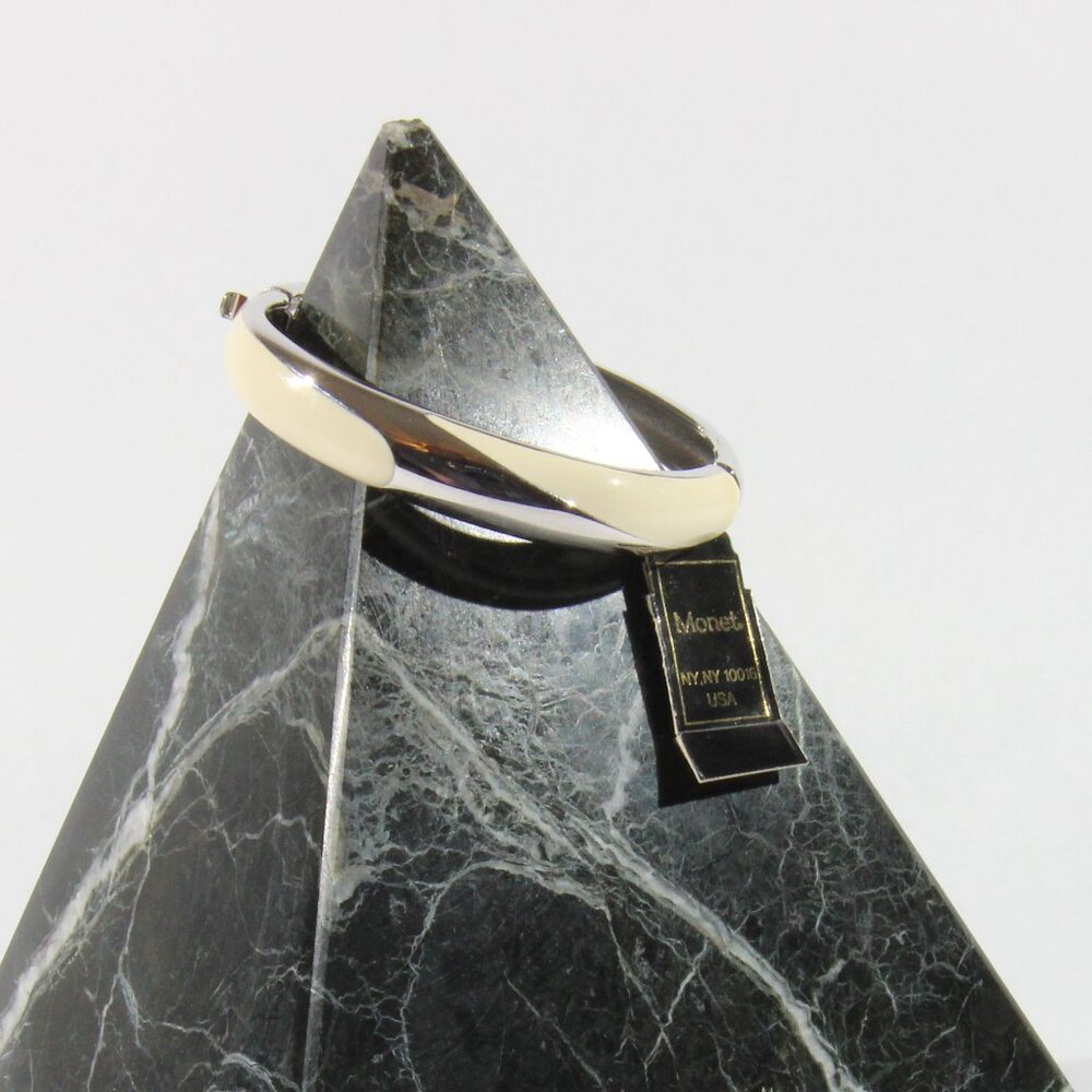 Vintage Monet Black Tie Silver-Tone and Cream Enamel Cuff Bracelet